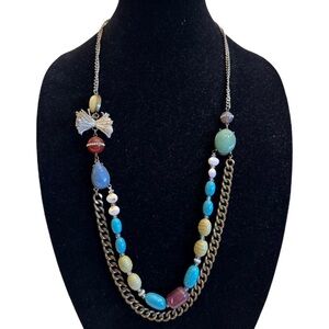 Ann Taylor Loft Necklace Statement Chain Multi Strand Asymmetric Blue Green